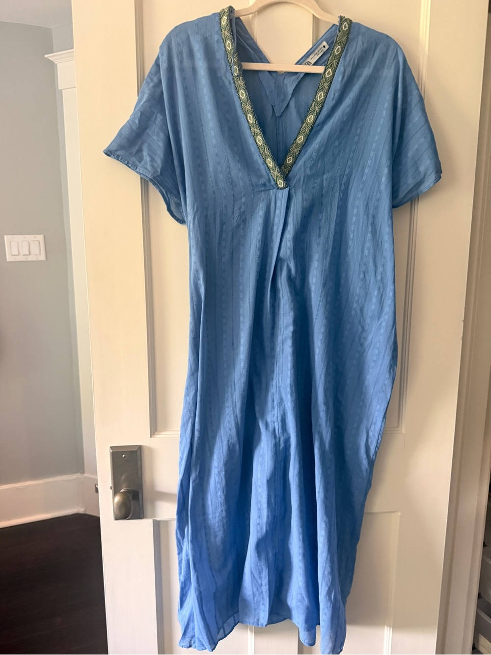 Zara Light Blue V-Neck Swim Coverup with Green Trim
